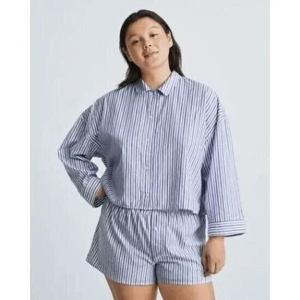NWT Everlane Women PJ Top Shirt Medium Striped Woven Cotton Soft Boxy White Blue
